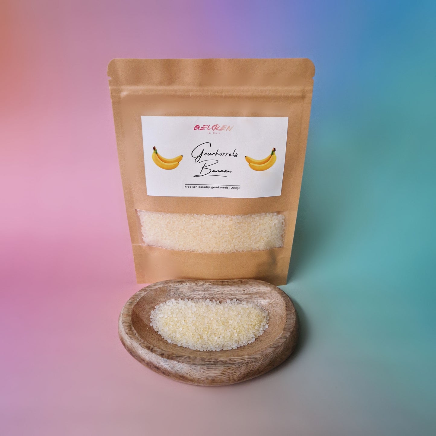 Zakje tropische geurkorrels met bananengeur van Geuren in Huis, ideaal voor geurbranders en andere toepassingen.