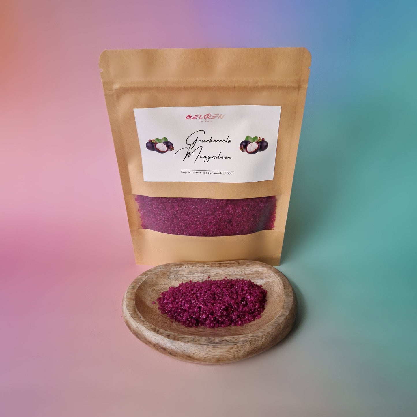 Zakje tropische geurkorrels met mangosteengeur van Geuren in Huis, ideaal voor geurbranders en andere toepassingen.