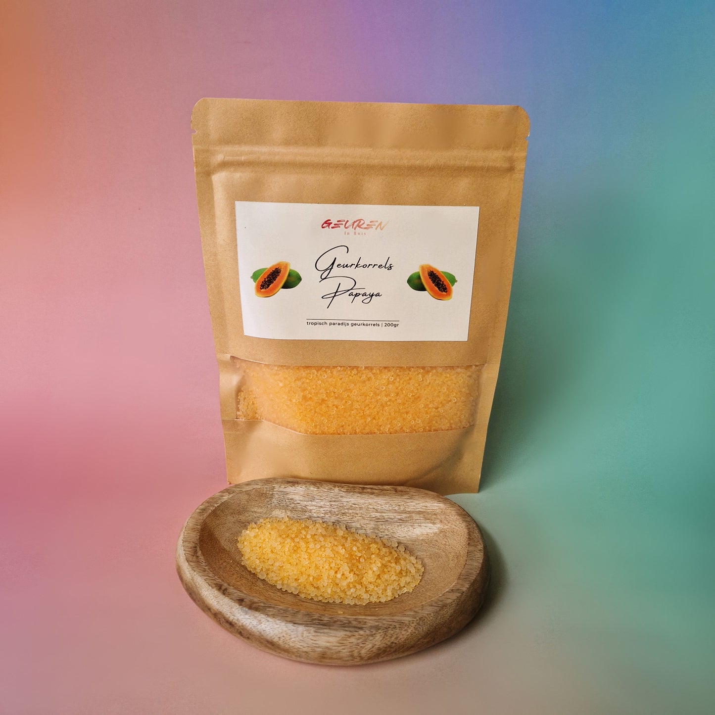 Zakje tropische geurkorrels met papayageur van Geuren in Huis, ideaal voor geurbranders en andere toepassingen.