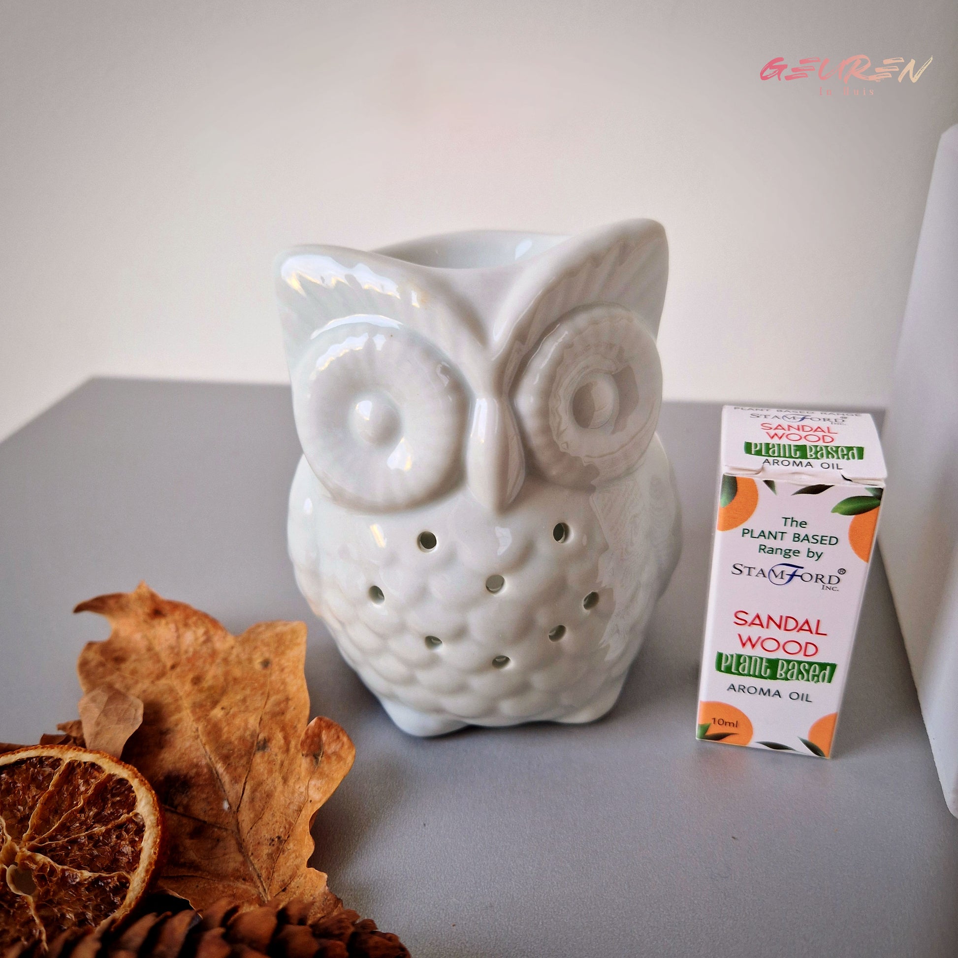 Oliebrander in de vorm van een uil met plantaardige aroma olie in de geur Sandalwood